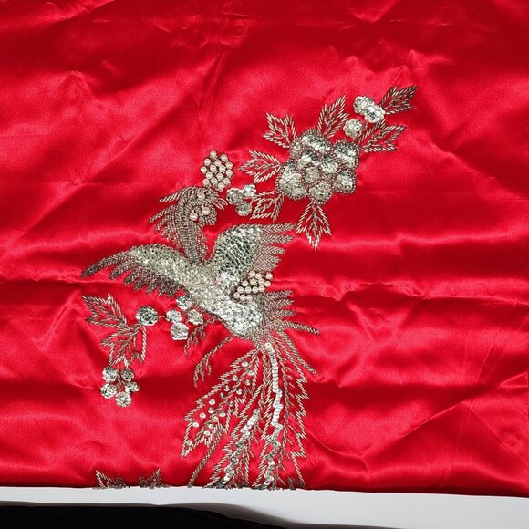 Hand Beaded Floral Bird of Paradise Red Satin Fabric for Wall Hanging or Garment - Picture 4 of 9